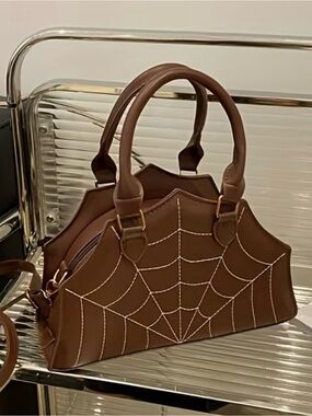 Brown Spiderweb-Embroidered Satchel Handbag